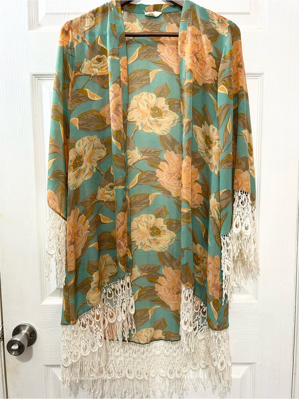 Show Me Your Mumu Metzler Kimono Small Teal Floral Lace Fringe Cardigan